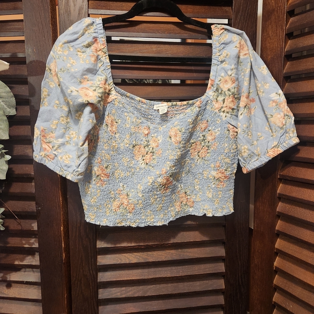 American Eagle Outfitters Floral Blue Crop Top